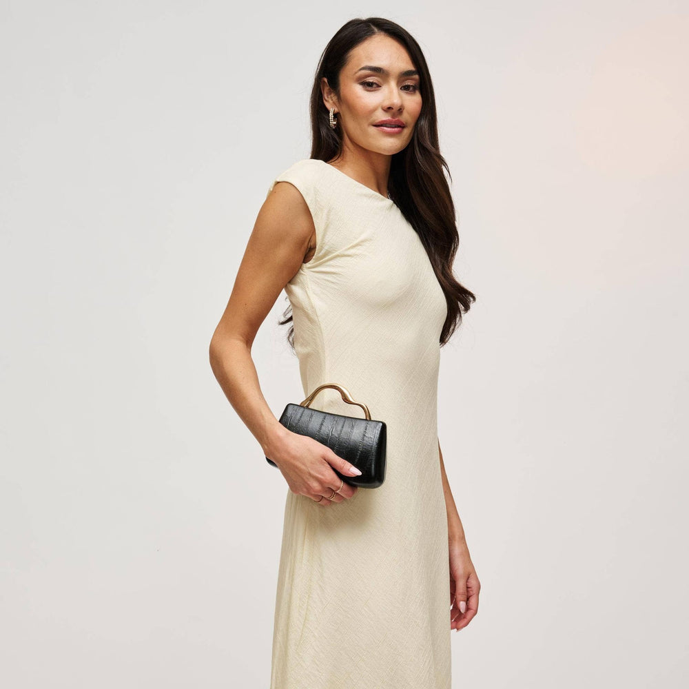 Black crocodile-textured nichelle clutch with gold-tone handle designed for elegant evening use