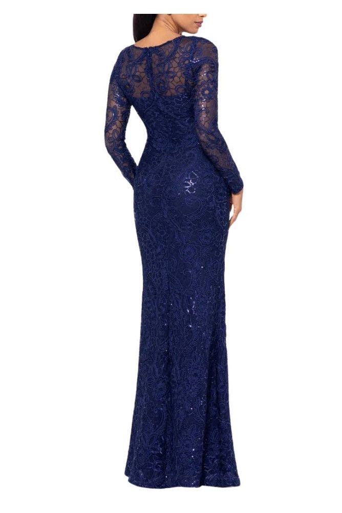 Betsy and Adam Cecelia Bateau Neckline Long Sleeves Intricate Lace Overlay Back Zipper Closure Modern Fit Gown Dress Navy