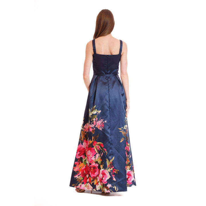Evening bloom gown navy blue satin maxi dress with square neckline thin straps and vibrant floral pattern