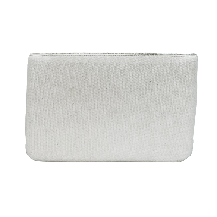 White canvas zipper pouch with subtle textured weave and silver toned trim for multi color beaded clutch collection
