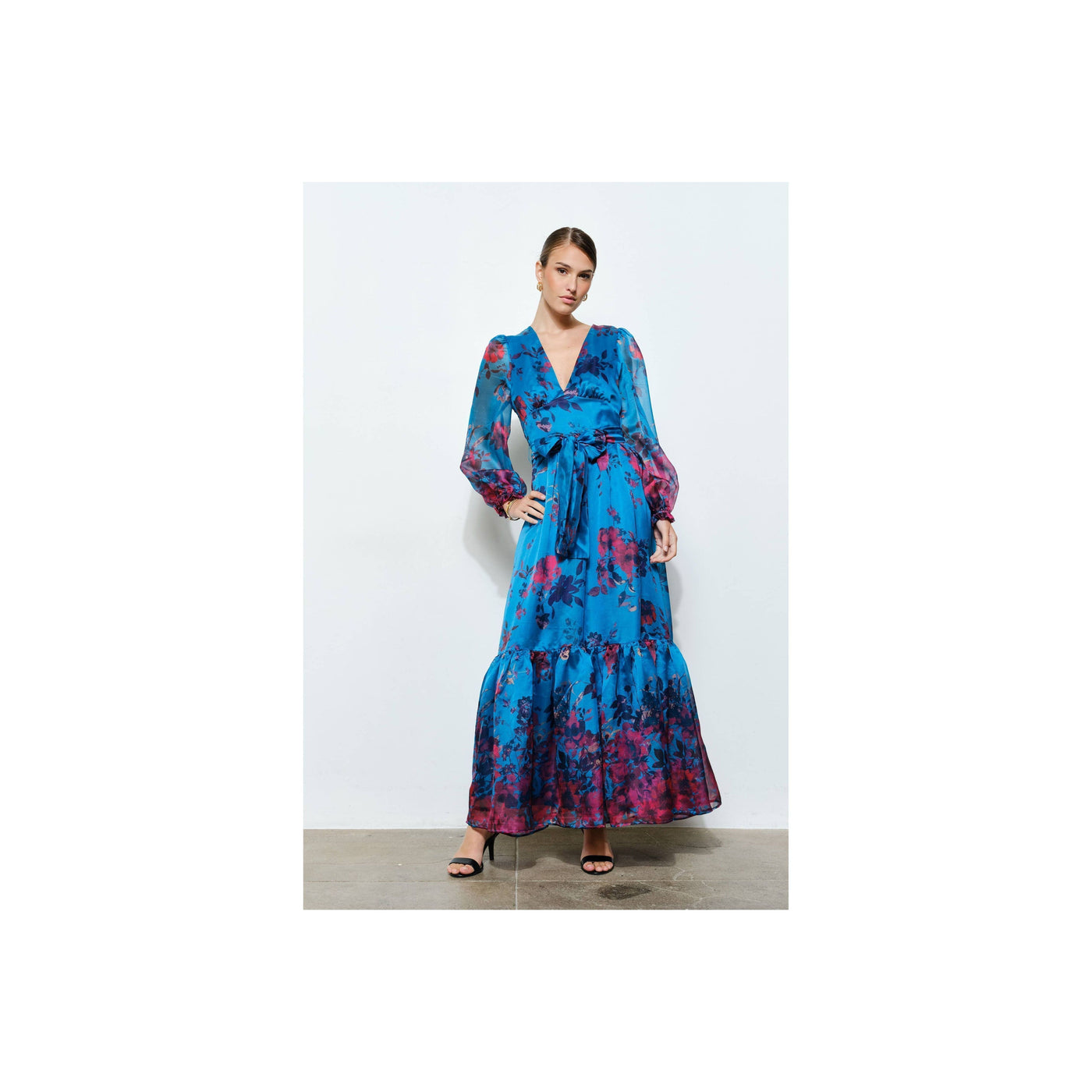 INA Floral Print Organza Red Maxi Dress
