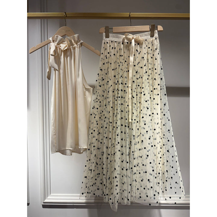 Aria tulle skirt flowing white tulle with black polka dots and a matching ribbon waistband