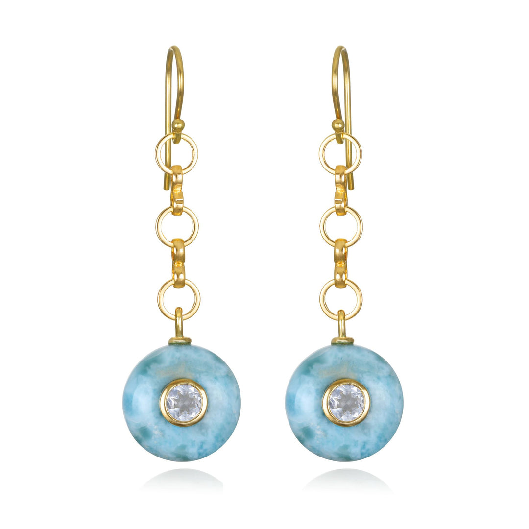 Elegant gold-toned double gemstone dangle earrings with light blue larimar stones and central clear topaz gems