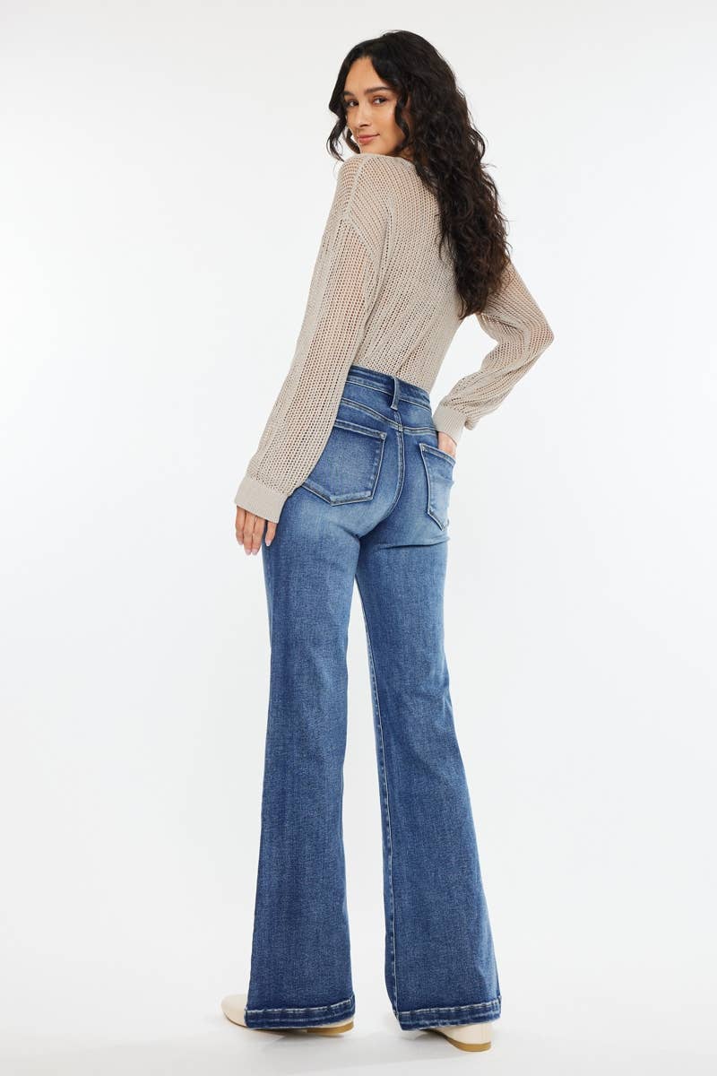 Kan Can High Rise Wide Leg Flare Jeans Dark Wash