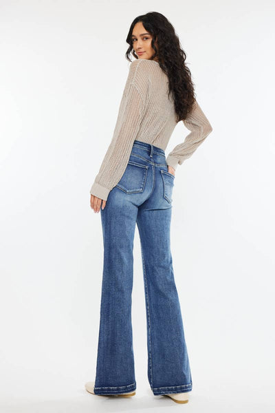 Kan Can High Rise Wide Leg Flare Jeans Dark Wash
