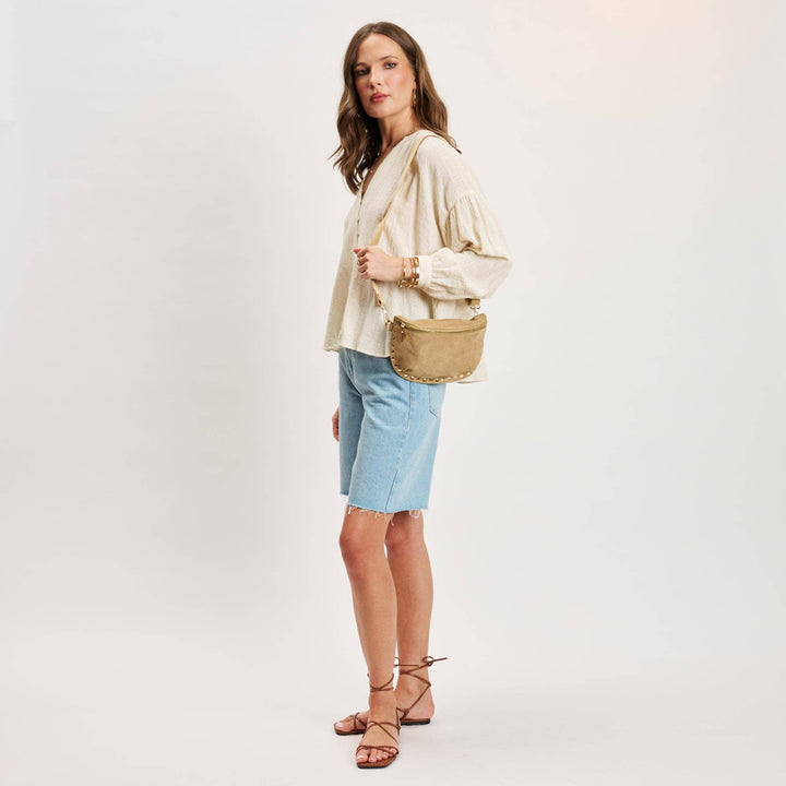 Beige studded crossbody gizelle-suede belt bag bone with soft structured design and suede material