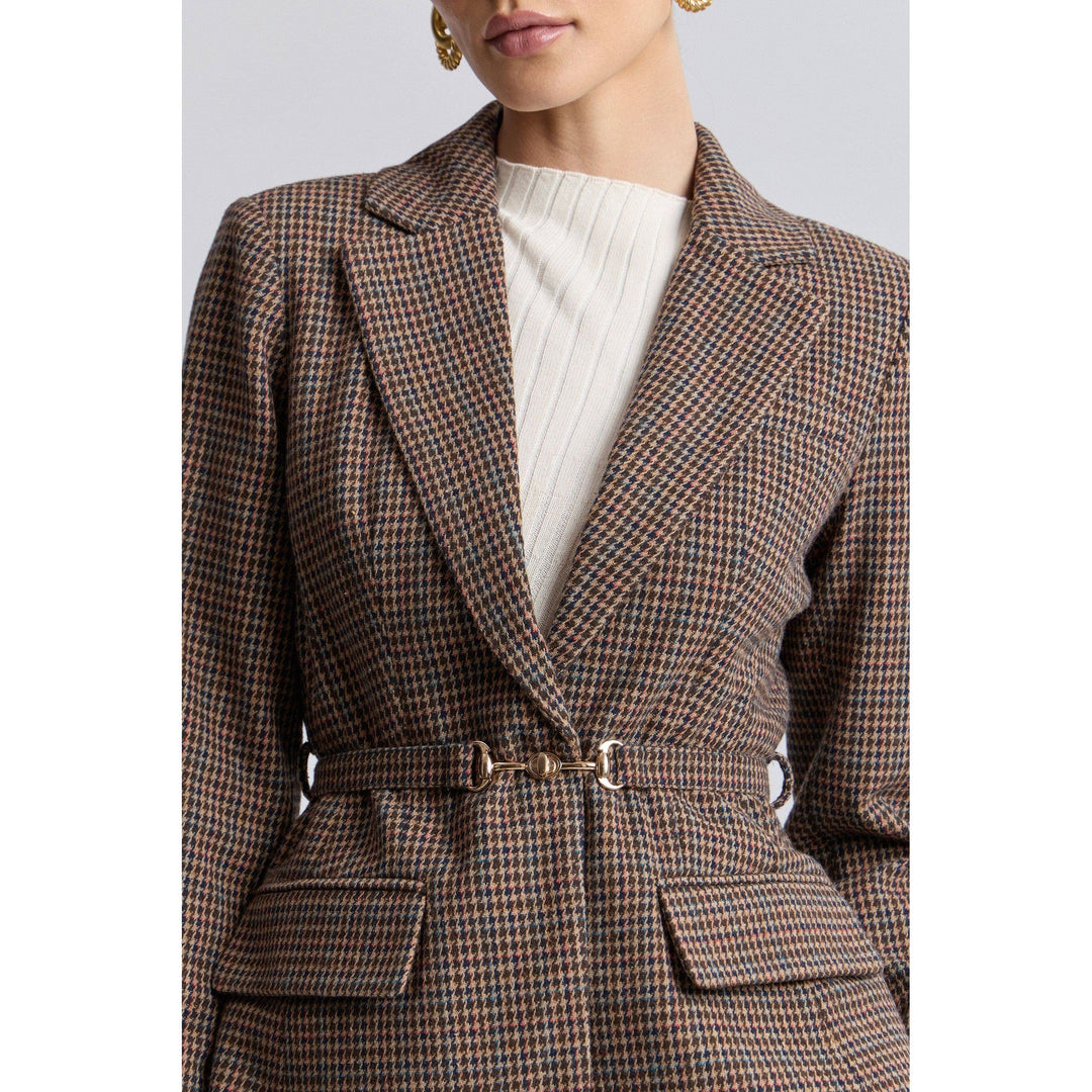 Brown and black houndstooth wool belted blazer with gold-tone horsebit belt buckle for stylish layering