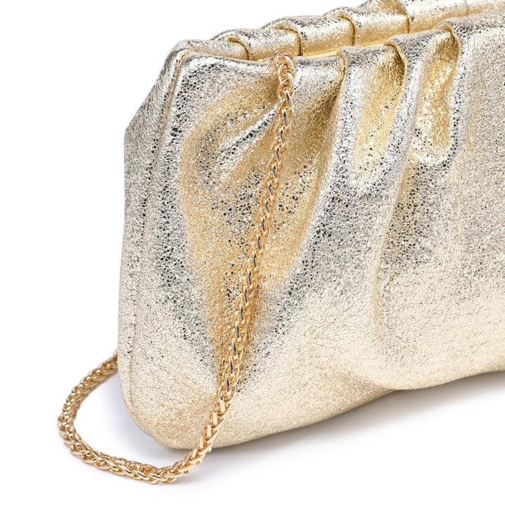 Moda Luxe fancy clutch gold featuring a shimmering gold metallic crinkled surface with a matching gold chain strap