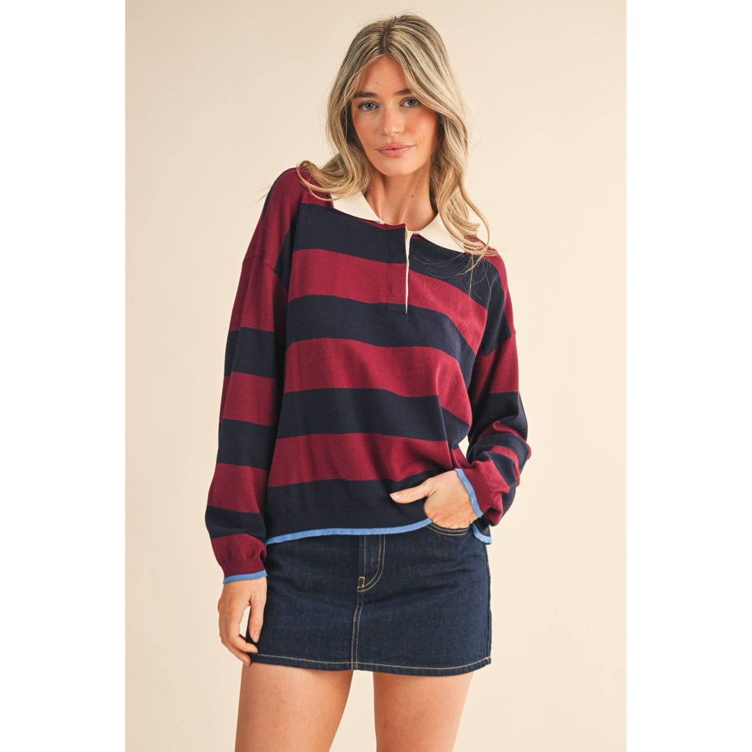 Rugby sweater mulberry/navy with bold horizontal stripes in deep maroon and navy blue featuring cream collar and light blue trim