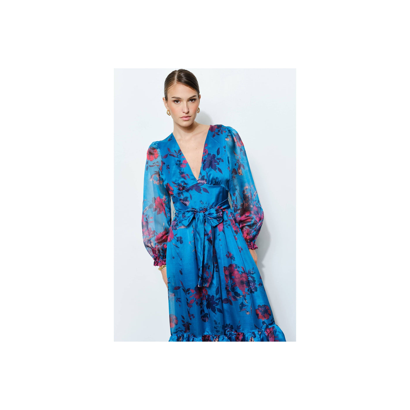 INA Floral Print Organza Red Maxi Dress