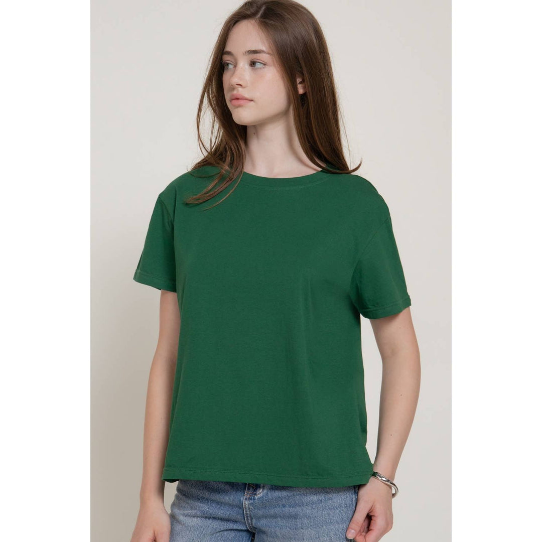 A solid forest green short sleeve round neck tee made of soft cotton fabric