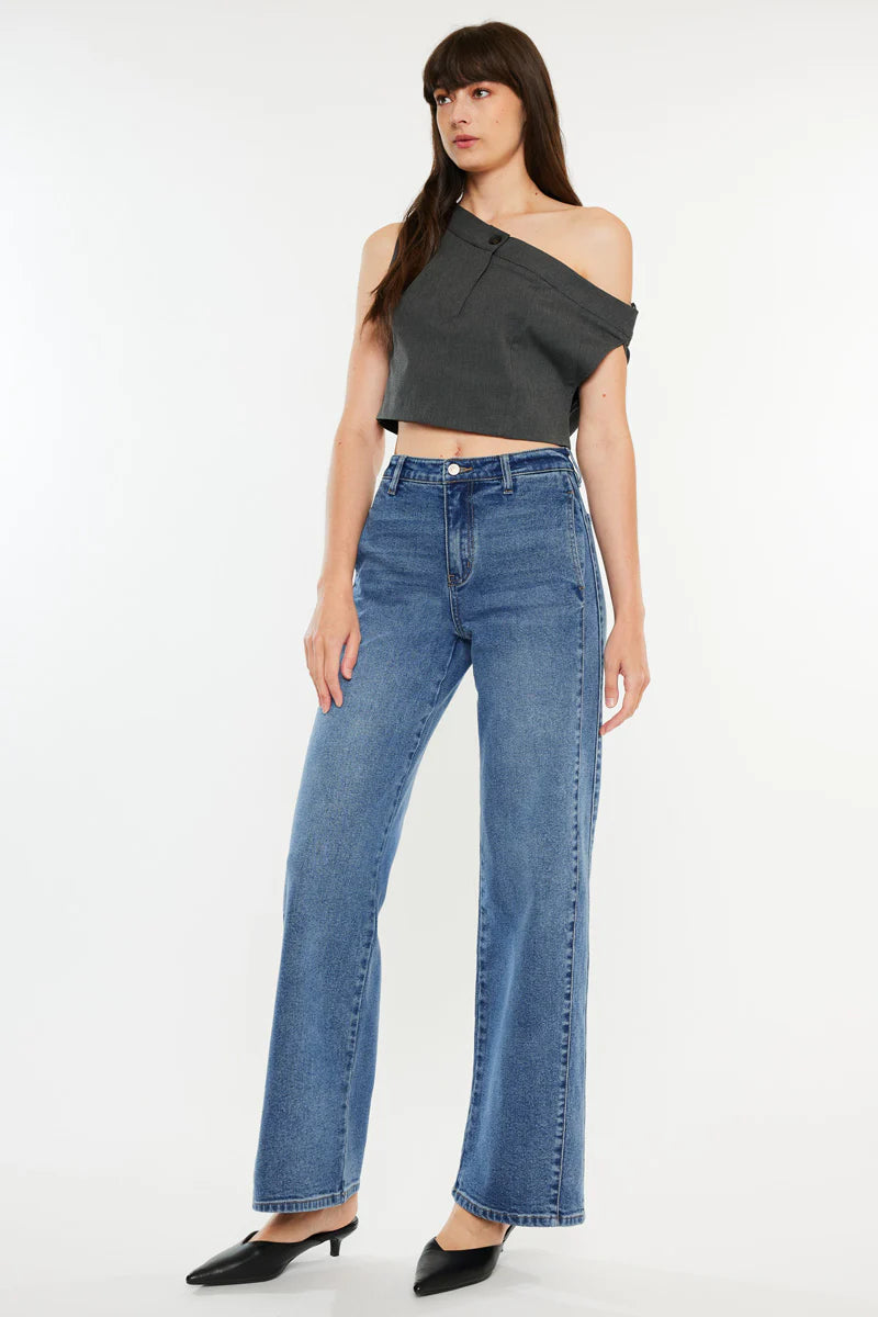 KanCan Dark Open Back High Rise Wide Leg Flare