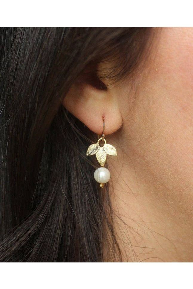 Laalee Jewelry - Gold Freshwater Pearl Leaf Earrings