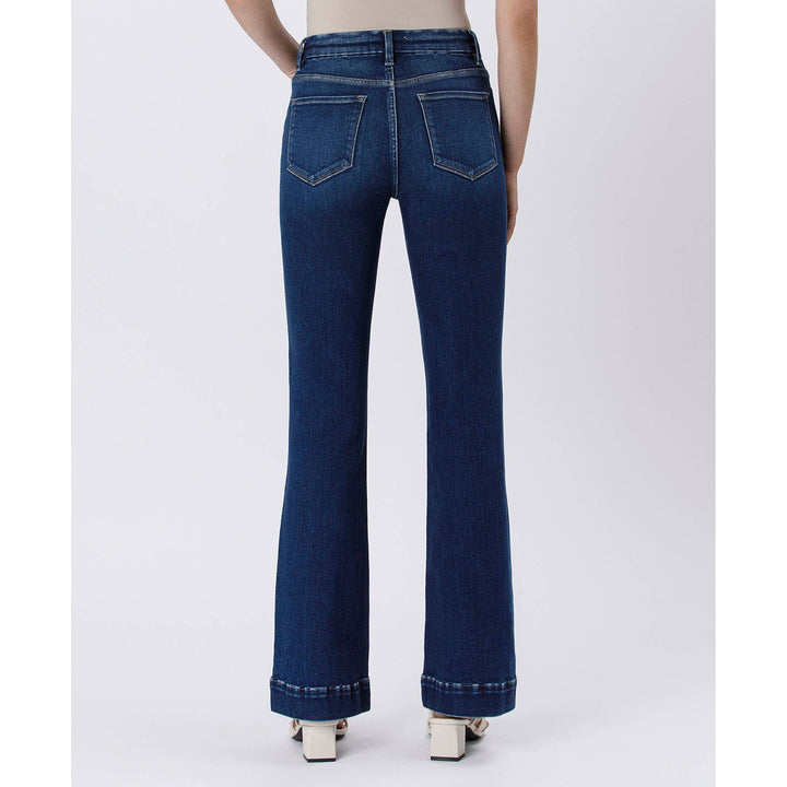 High rise trouser denim in dark blue denim with a high waist flare cut and rolled cuffs