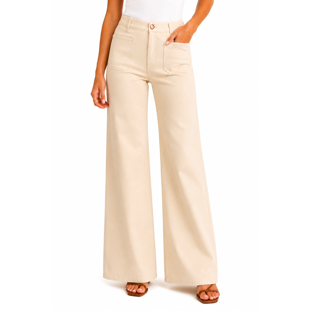 Beige high-waisted wide-leg trousers with clean tailored design and front pockets in luxe cream patch pocket pants