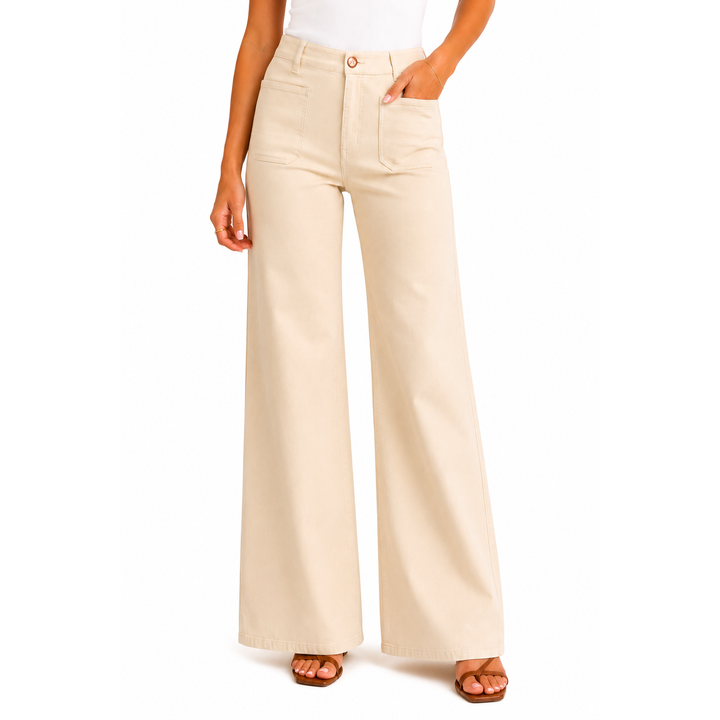 Beige high-waisted wide-leg trousers with clean tailored design and front pockets in luxe cream patch pocket pants