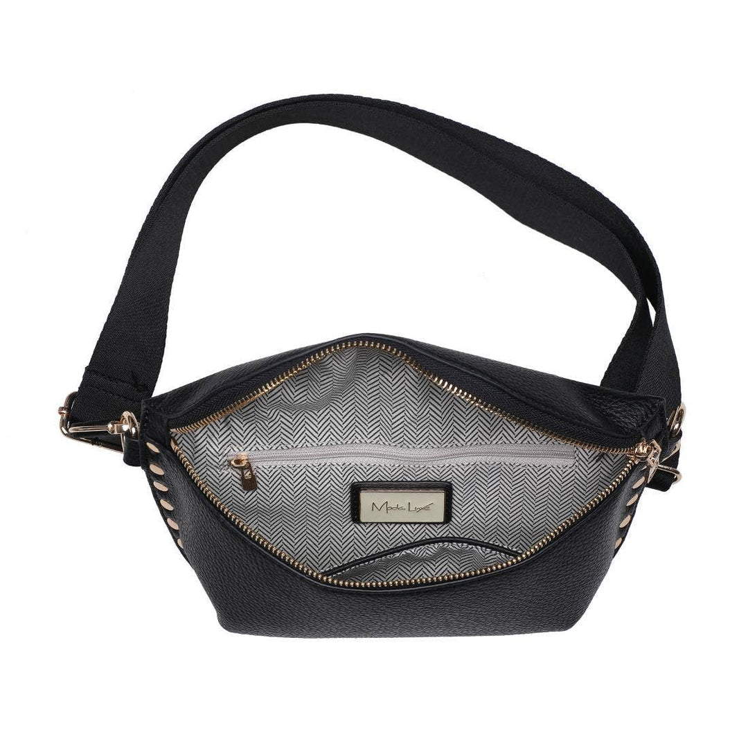 Gizelle belt bag black black textured leather fanny pack with silver hardware and herringbone interior lining