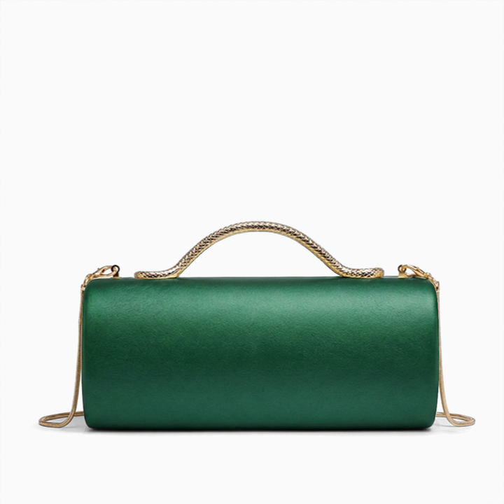 Emerald green cylindrical maren handbag clutch with gold-toned twisted handle and matching chain strap