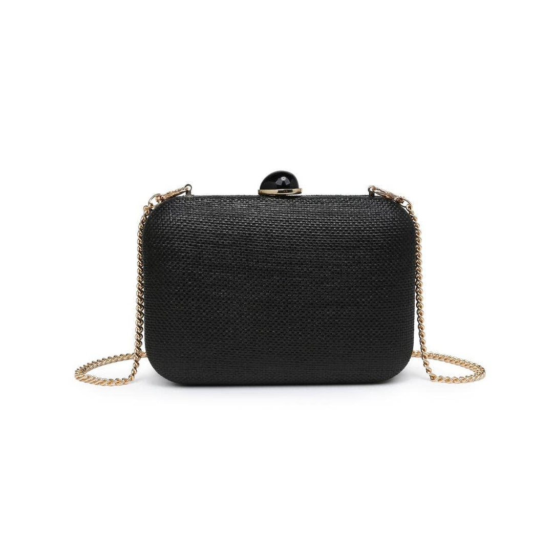 Roley evening bag black textured clutch with gold chain strap and black spherical clasp for evening use
