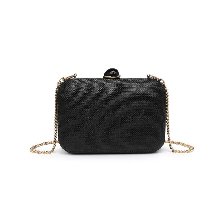 Roley evening bag black textured clutch with gold chain strap and black spherical clasp for evening use