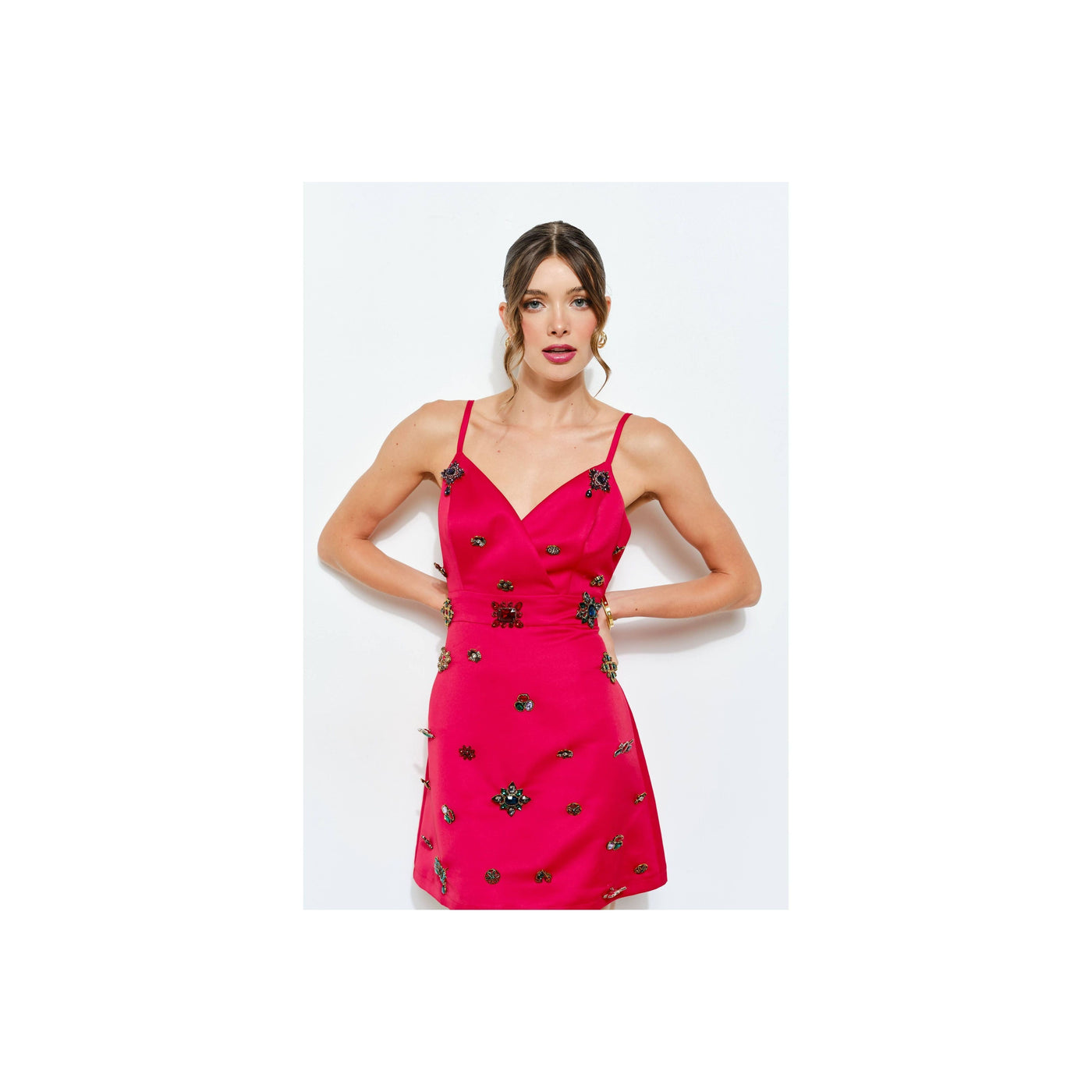 INA Embellished Jewel Satin Red Mini Dress