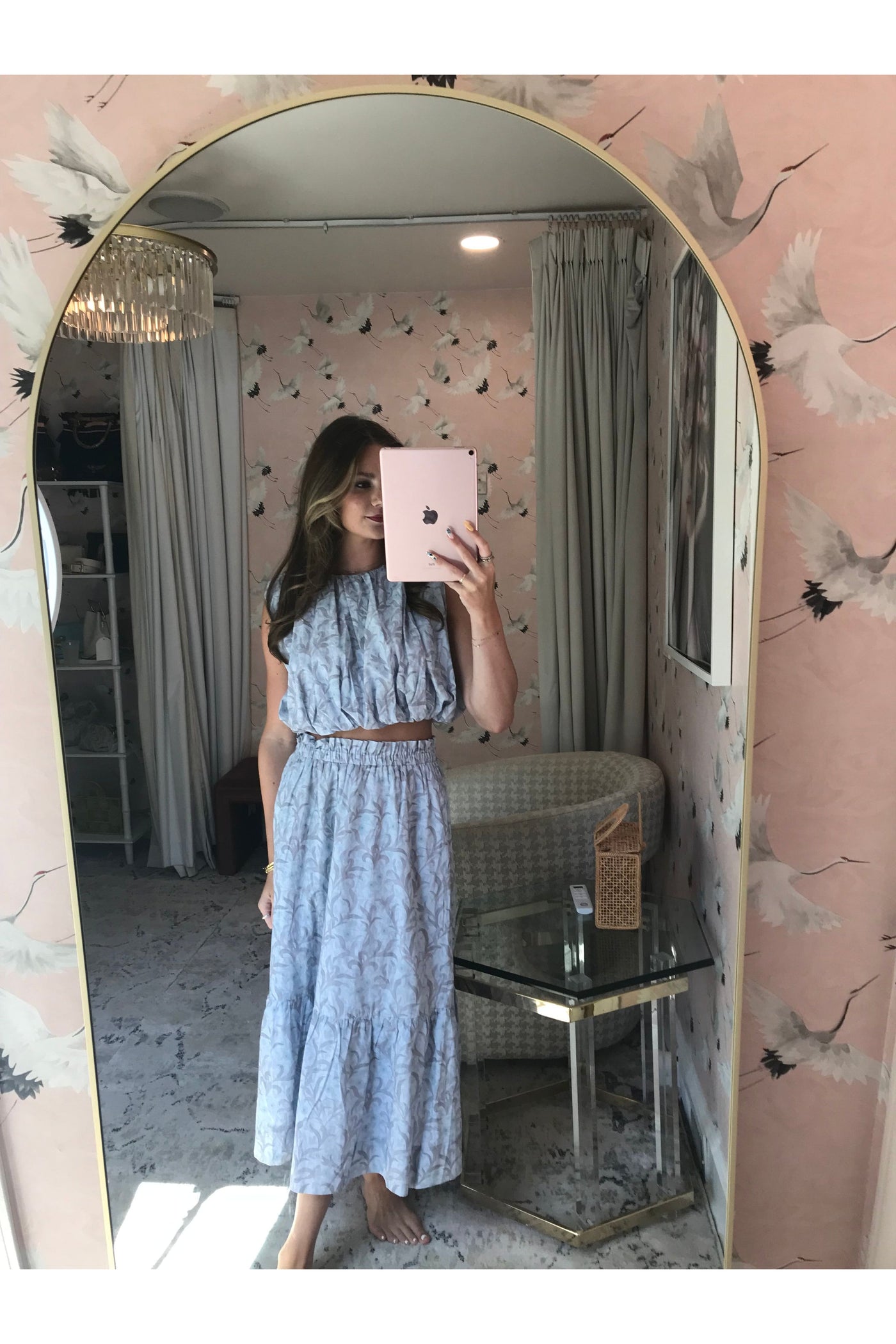 Aureum Blue Leaf Print Maxi Skirt