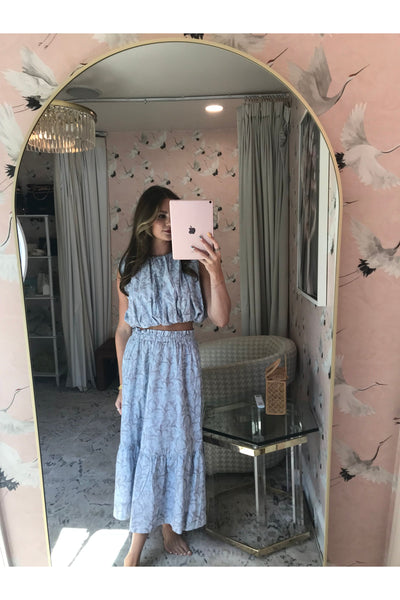 Aureum Blue Leaf Print Maxi Skirt