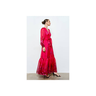 INA Floral Print Organza Red Maxi Dress