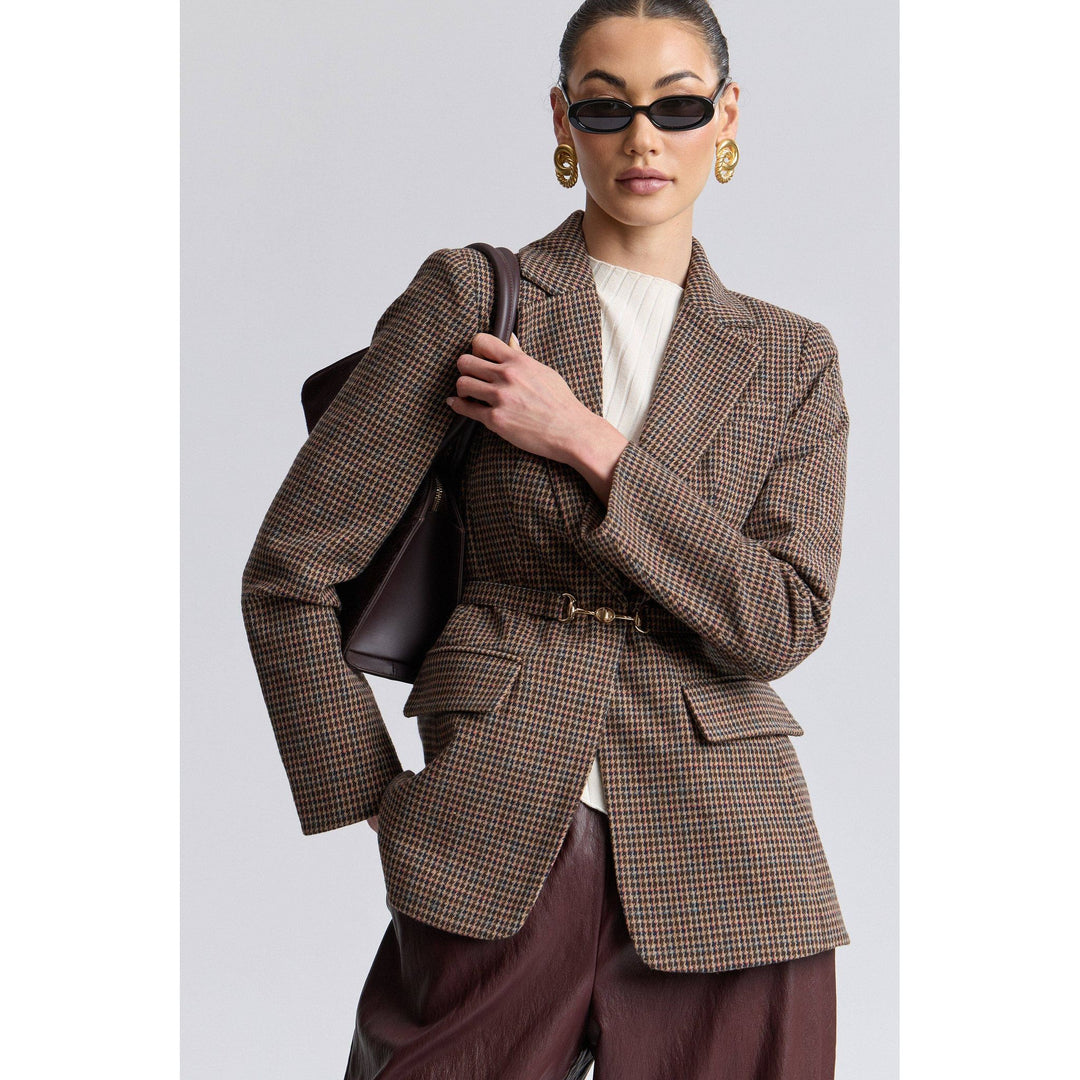 Brown and black houndstooth wool belted blazer with gold-tone horsebit belt buckle for stylish layering