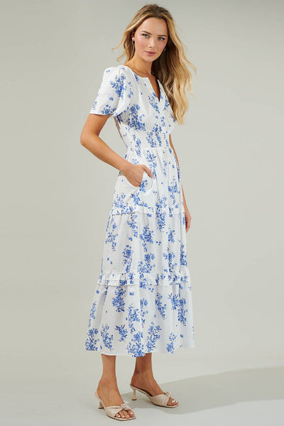 Sugarlips - Bestia Floral Palmer Poplin Tiered Maxi Dress: CreamBlue