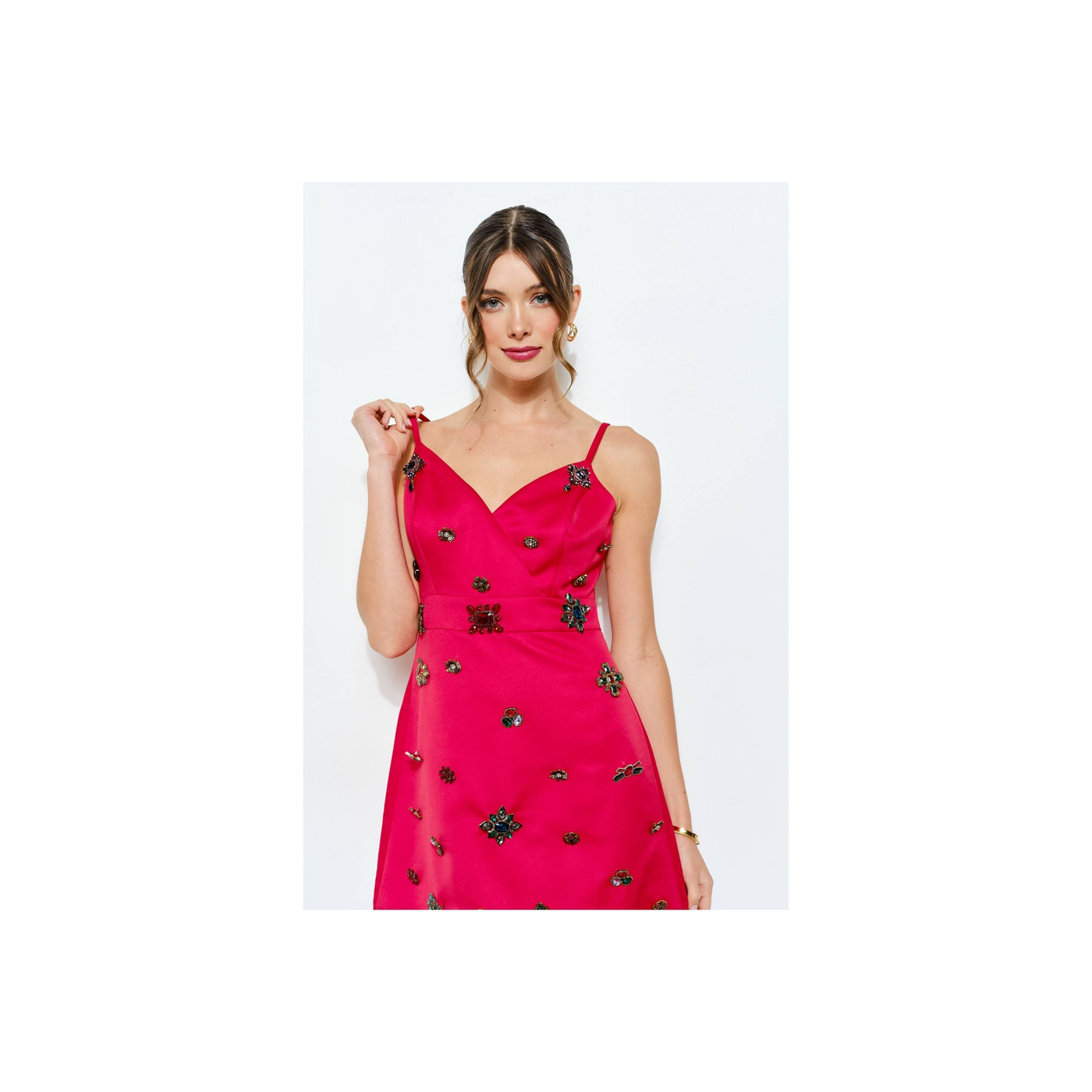 INA Embellished Jewel Satin Red Mini Dress