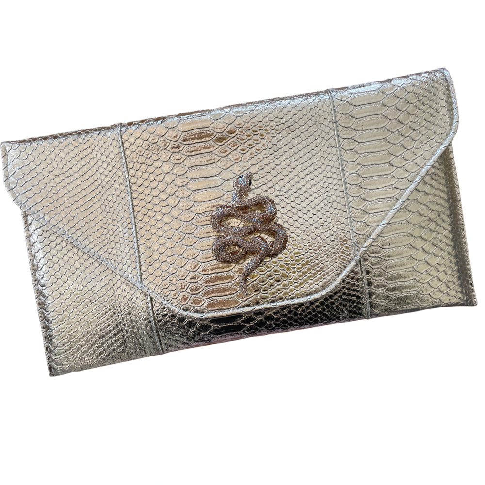 Silver snakeskin-textured clutch with a metallic snake clasp perfect for stylish evening use