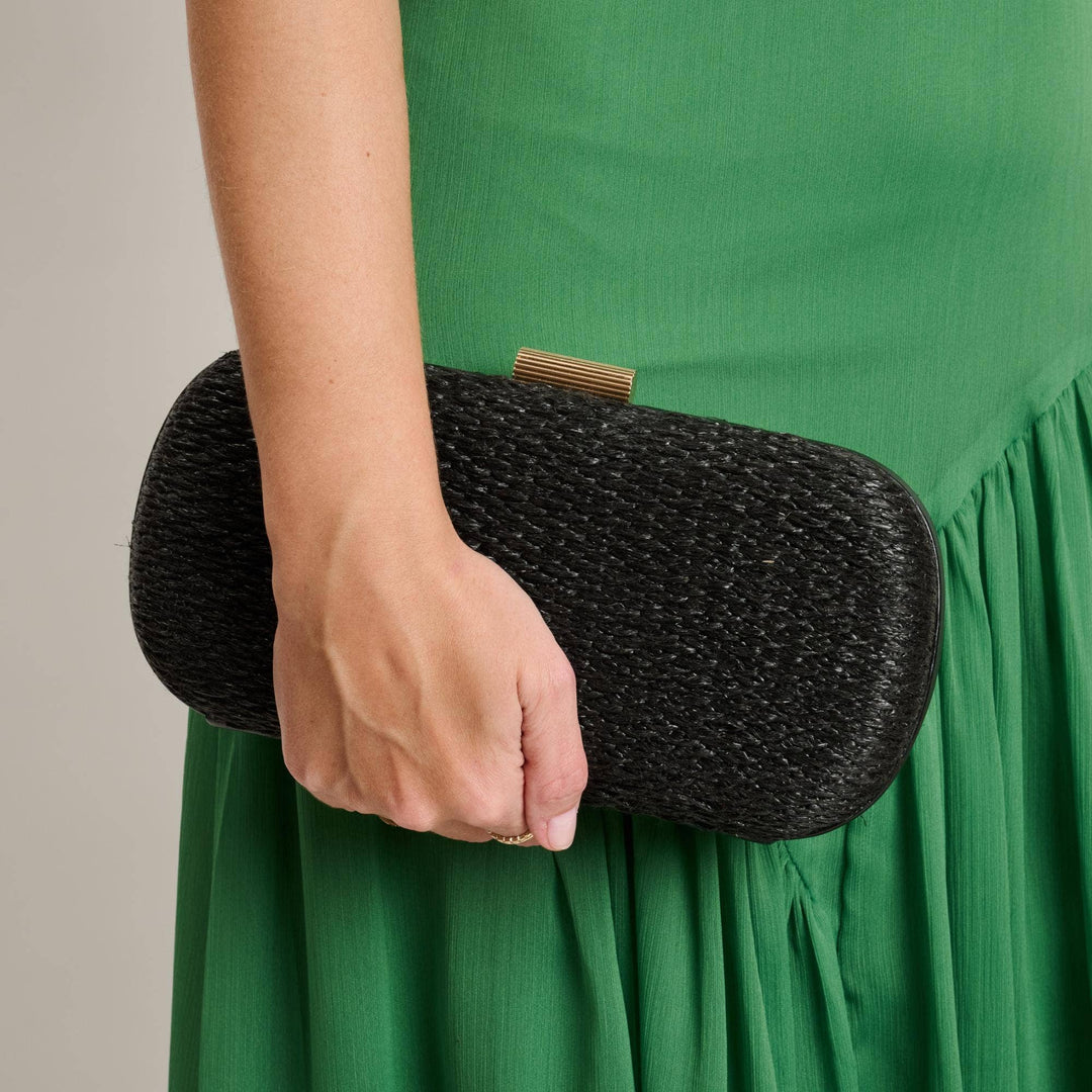 Black woven clutch with gold-toned clasp from the Quinn evening bag collection for elegant occasions
