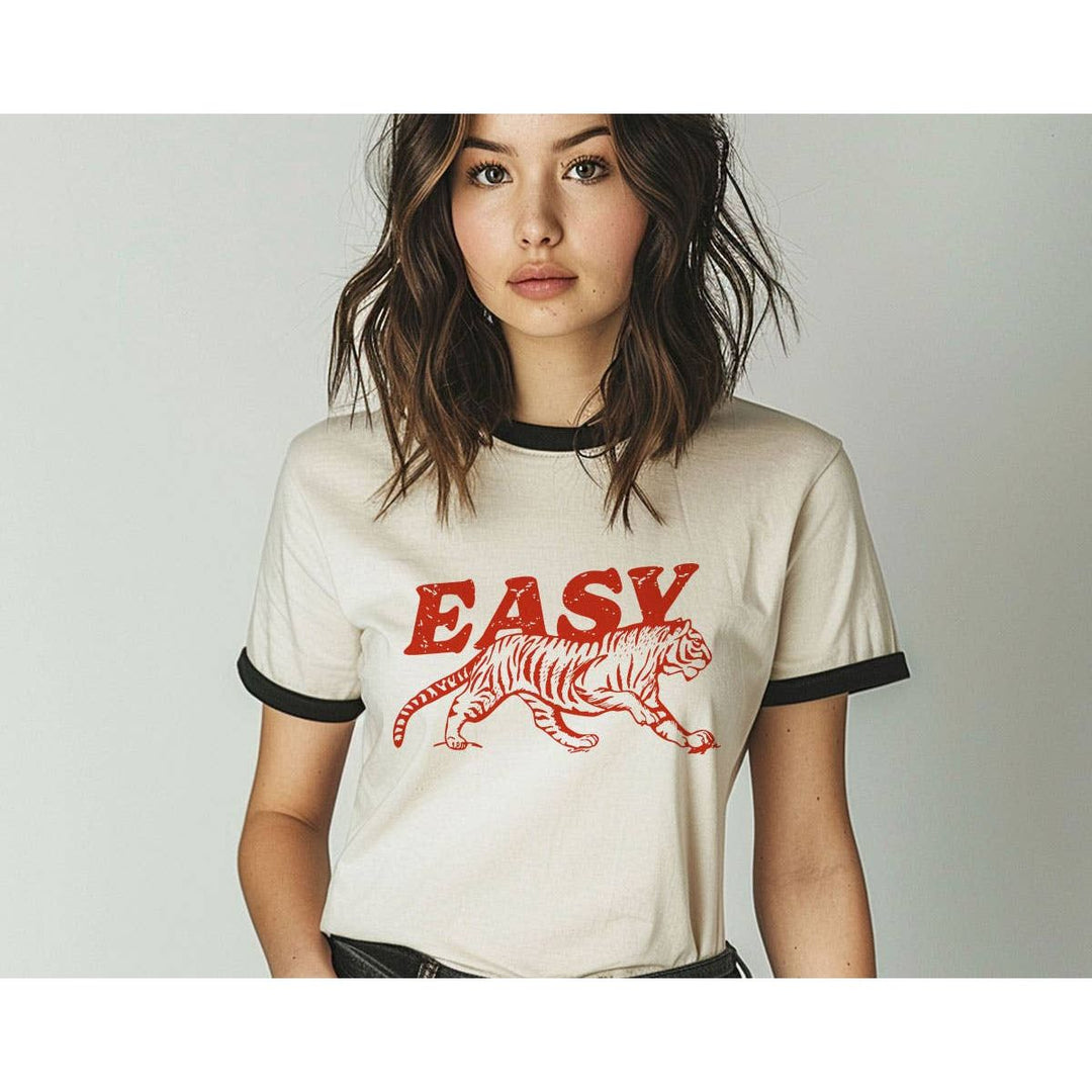 House Of Rodan - Easy Tiger Retro- Funny Saying Humor Ringer Shirt