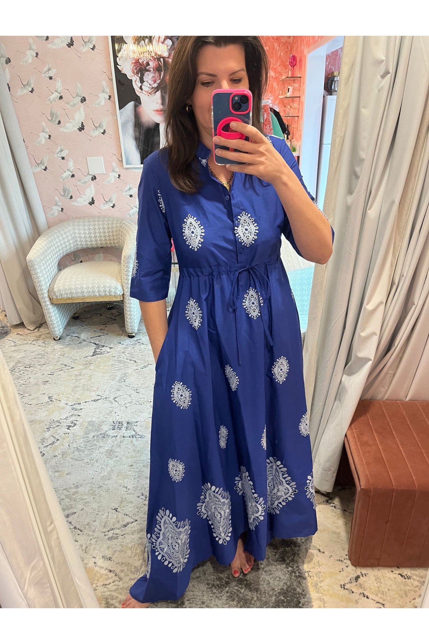 Margherita Blue Print and Embroidered Shirt Dress