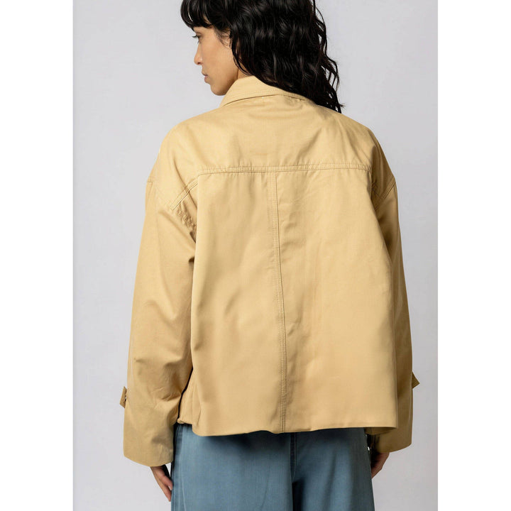 Beige crystal embellished utility jacket with relaxed fit and subtle stitching details for casual wear