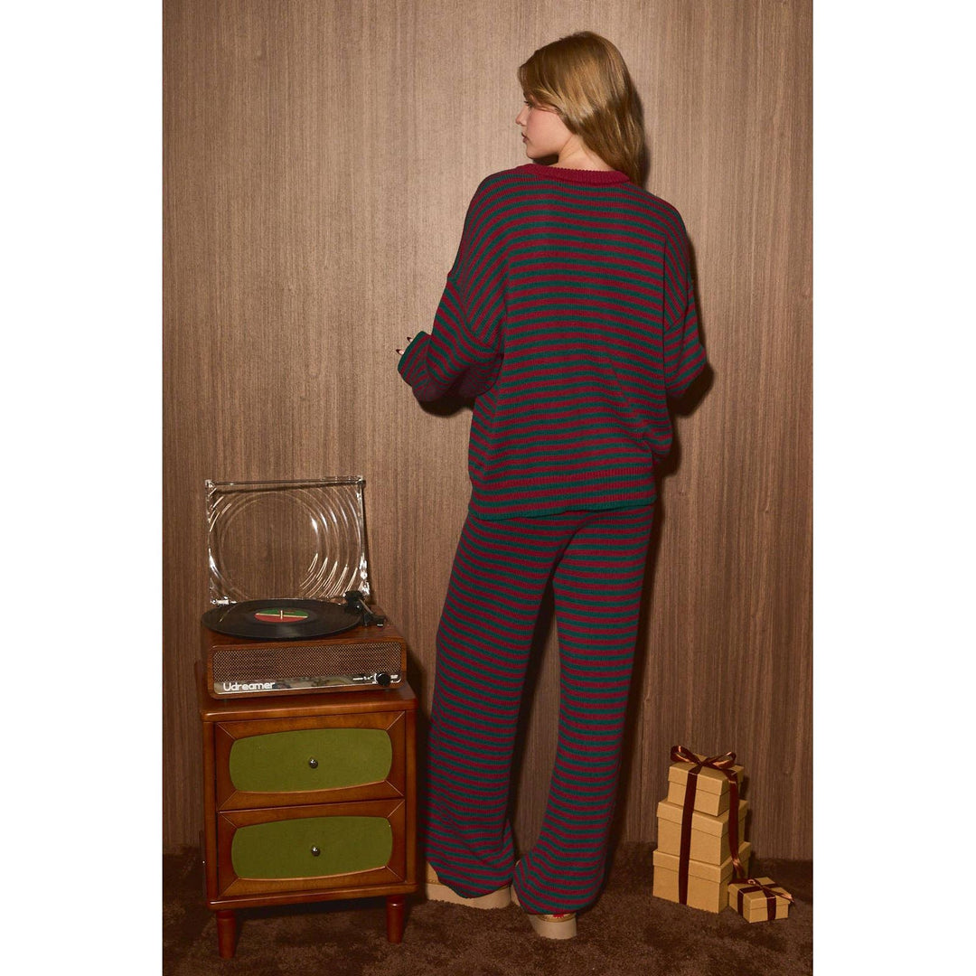 Striped Knit Sweater and Wide Leg Pant Set-Red + Green