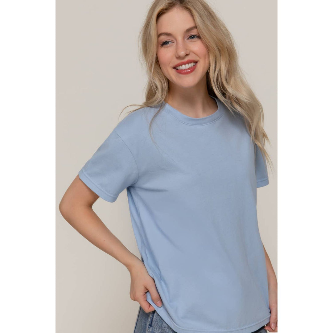 Light blue soft cotton short sleeve round neck tee with classic crew neck perfect for casual wear
