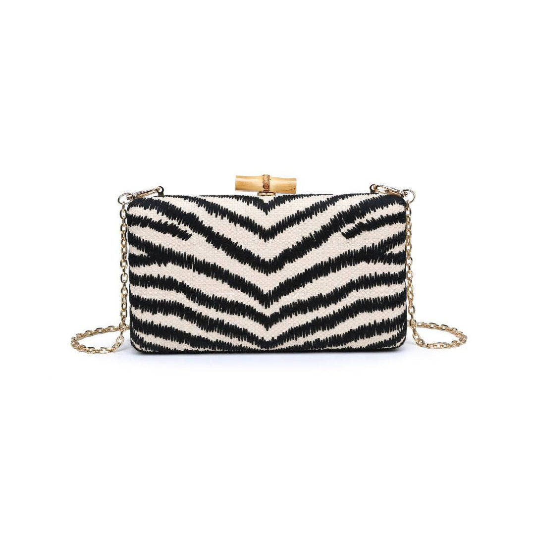 Dorit clutch black and white zebra-striped woven clutch with gold-tone bamboo clasp and chain strap