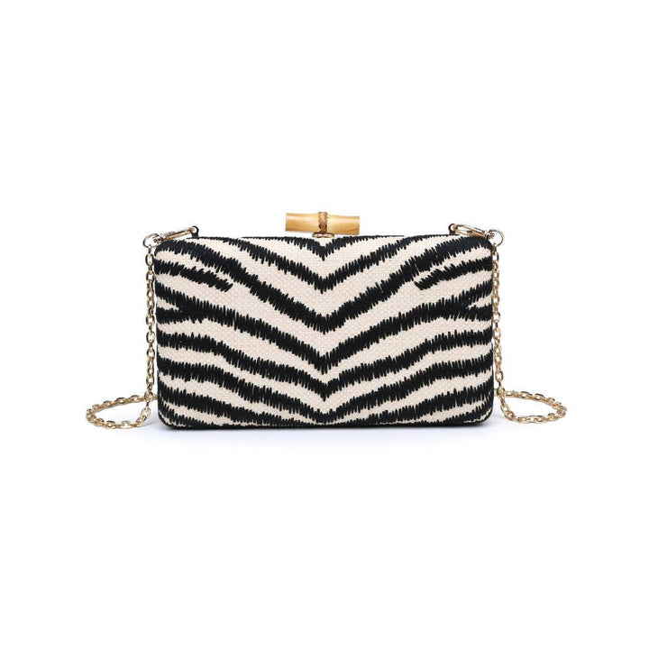 Dorit clutch black and white zebra-striped woven clutch with gold-tone bamboo clasp and chain strap