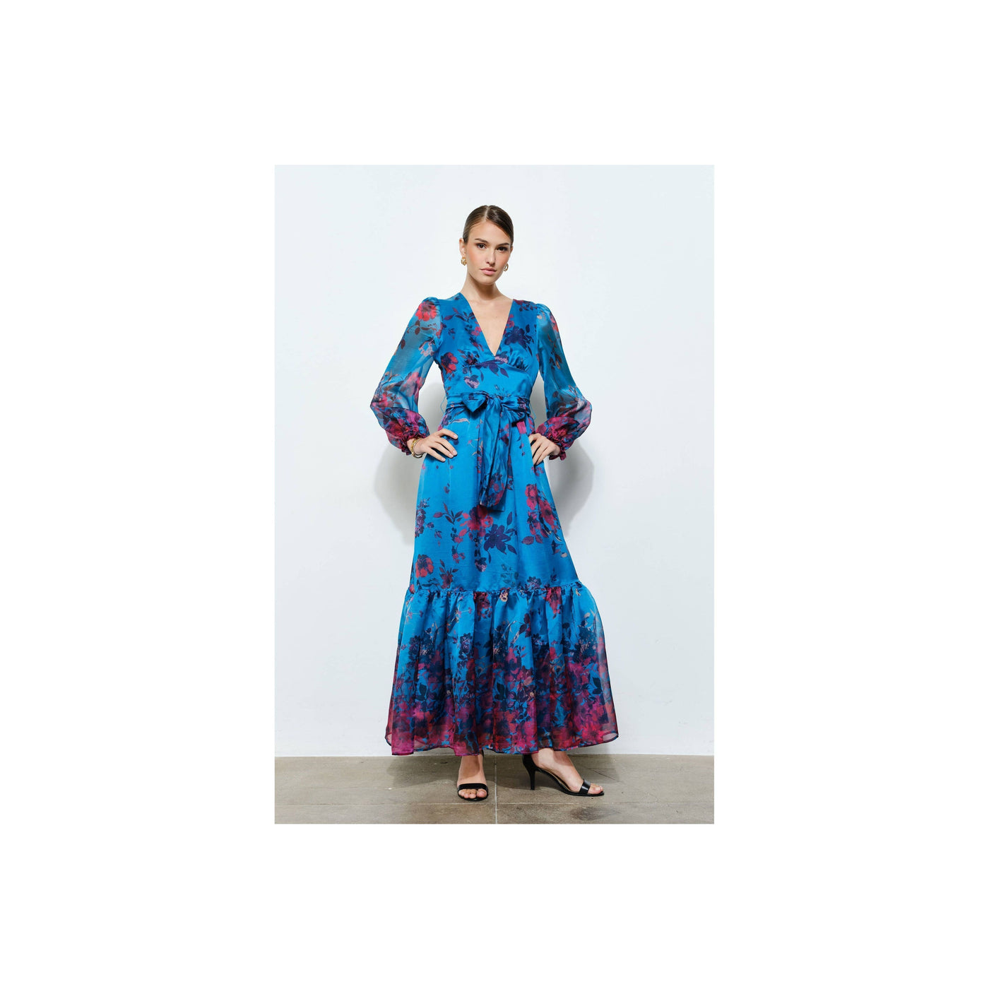 INA Floral Print Organza Red Maxi Dress