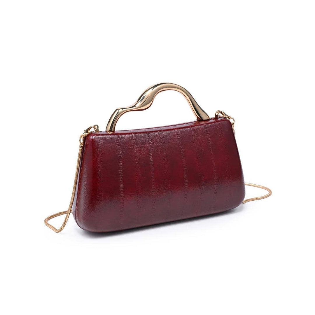 Nichelle Clutch burgundy deep red textured leather bag with gold toned handle and chain strap