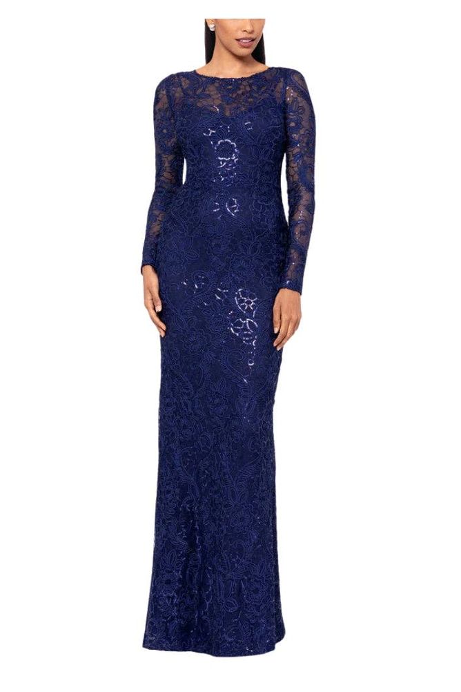 Betsy and Adam Cecelia Bateau Neckline Long Sleeves Intricate Lace Overlay Back Zipper Closure Modern Fit Gown Dress Navy