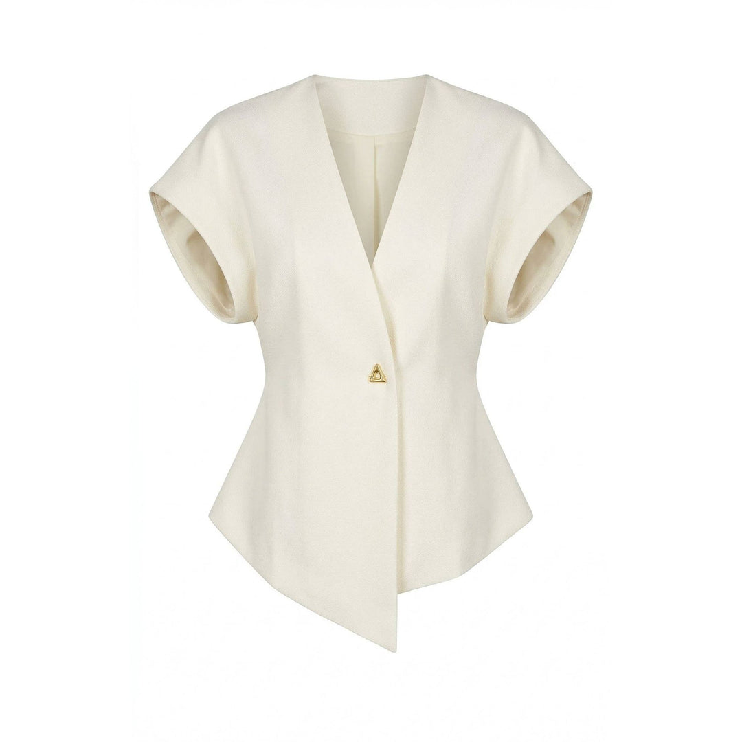 Cream-colored textured wrap top with short sleeves v-neck peplum hem and gold triangular button at center front