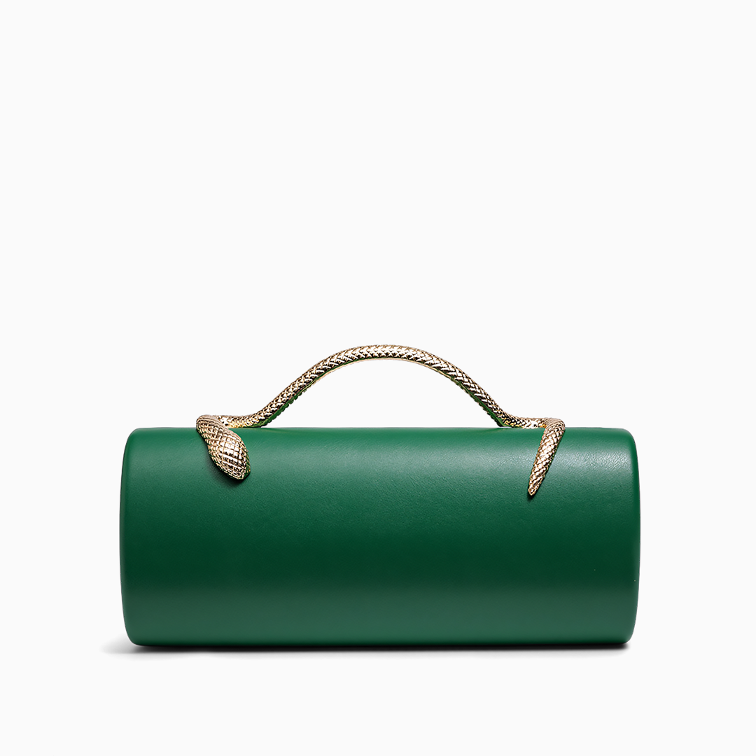 Emerald green cylindrical clutch handbag with gold toned snake handled top handle maren handbag green