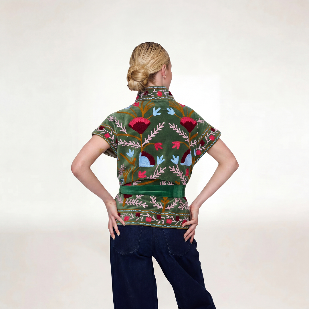 Jaipur embroidered olive green short-sleeved jacket with intricate red pink blue and white floral embroidery