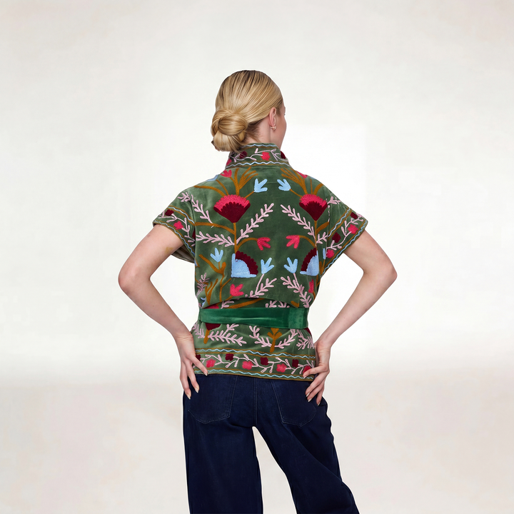 Jaipur embroidered olive green short-sleeved jacket with intricate red pink blue and white floral embroidery