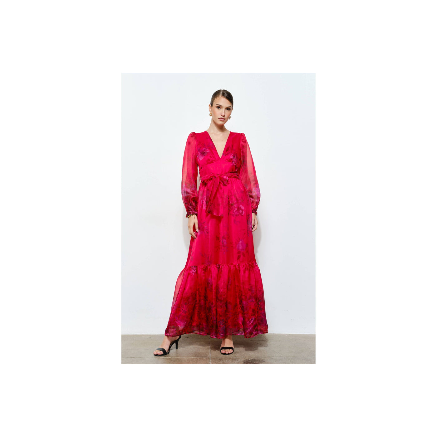 INA Floral Print Organza Red Maxi Dress