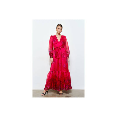 INA Floral Print Organza Red Maxi Dress