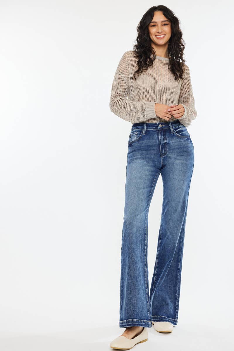 Kan Can High Rise Wide Leg Flare Jeans Dark Wash